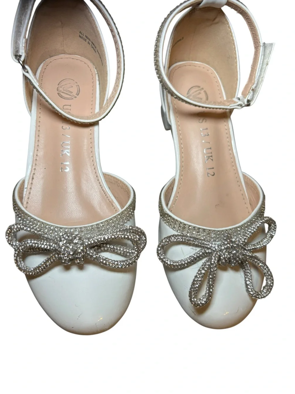 Embellished White Ankle-Strap Flats with Crystal Bow